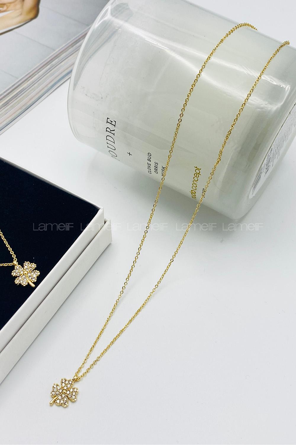 Lamelif Gold Yonca Zirkon Taşlı Kolye