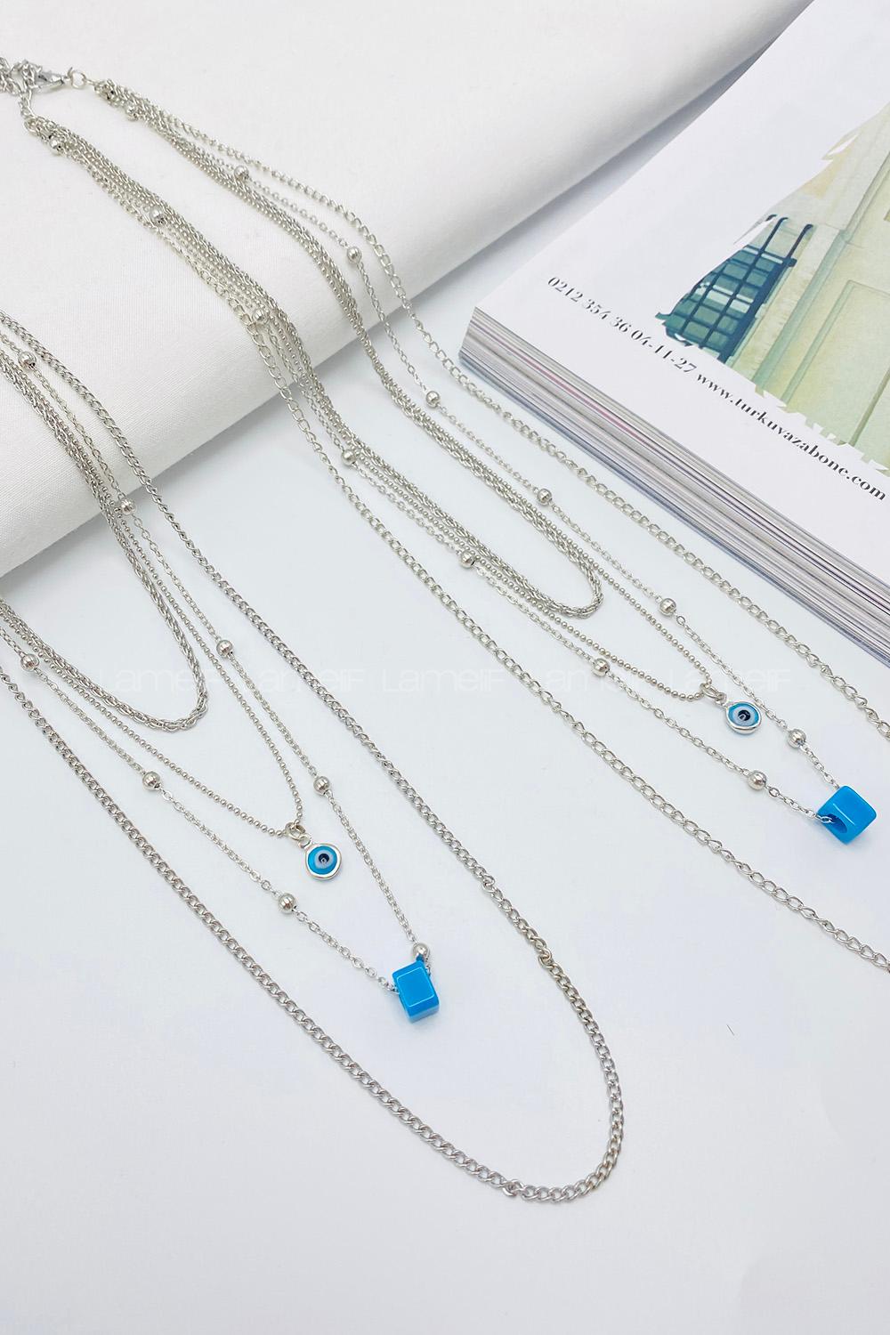 Lamelif Gümüş 4lü Kombin Nazar Boncuklu Kolye Seti