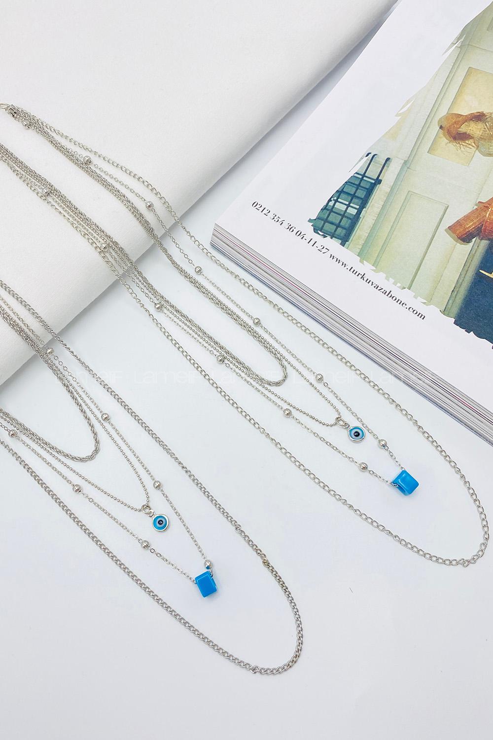 Lamelif Gümüş 4lü Kombin Nazar Boncuklu Kolye Seti