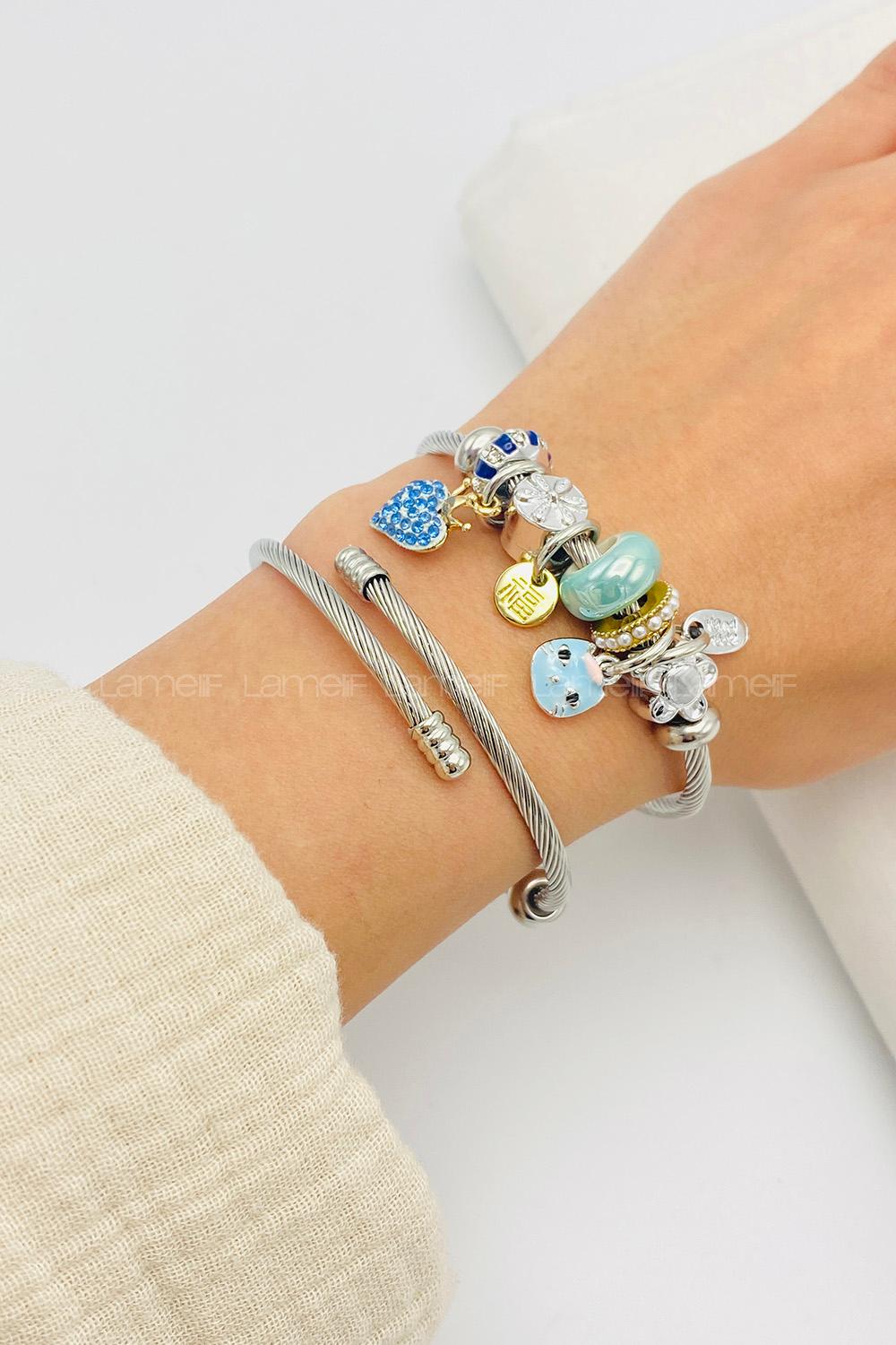 Lamelif Gümüş Mavi Mini Kedi Charmlı Pandora Bileklik