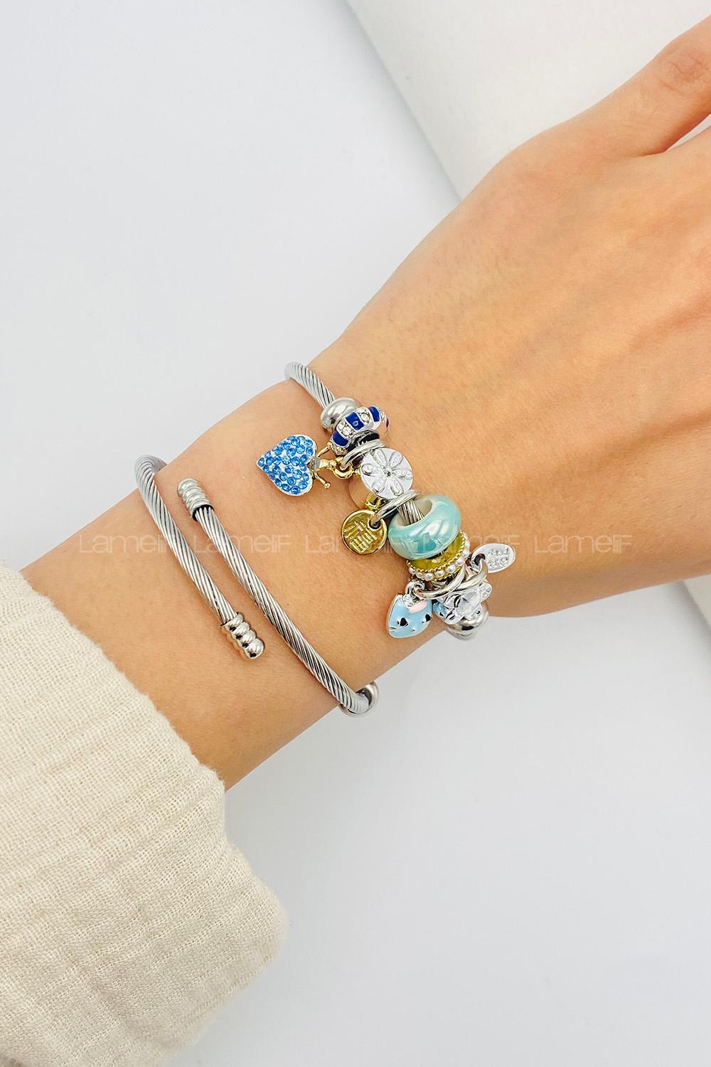 Lamelif Gümüş Mavi Mini Kedi Charmlı Pandora Bileklik