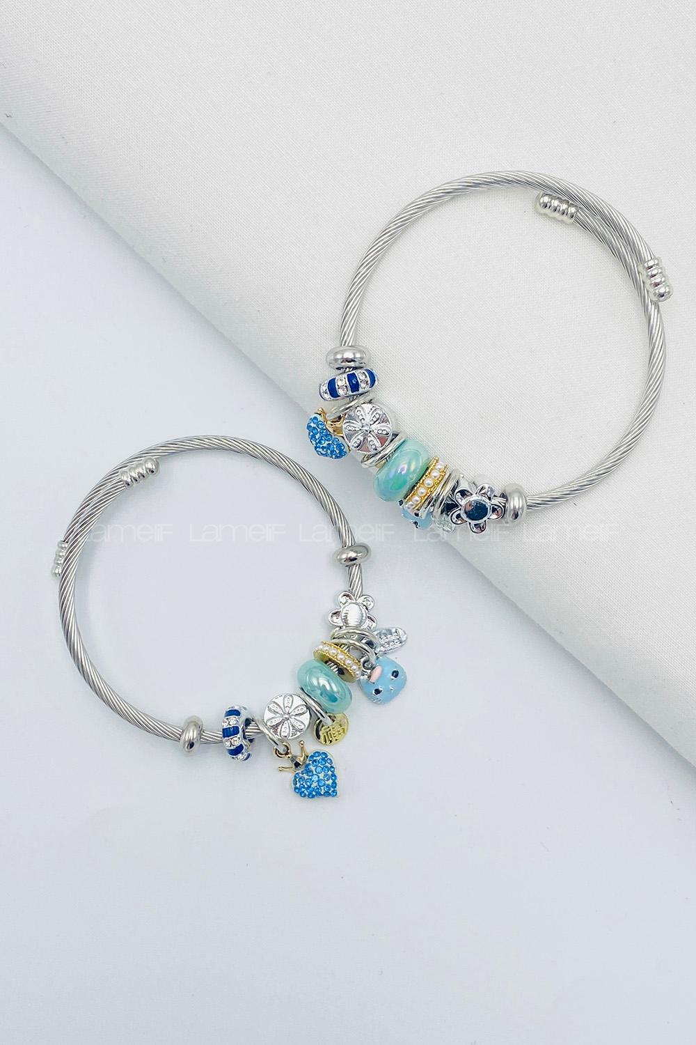 Lamelif Gümüş Mavi Mini Kedi Charmlı Pandora Bileklik