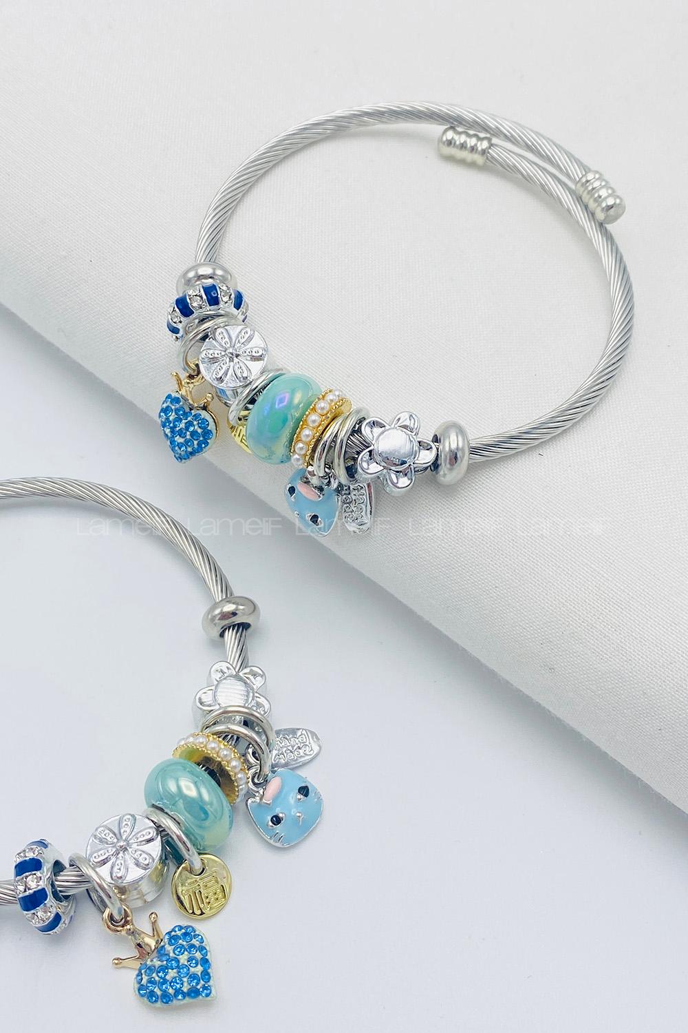 Lamelif Gümüş Mavi Mini Kedi Charmlı Pandora Bileklik