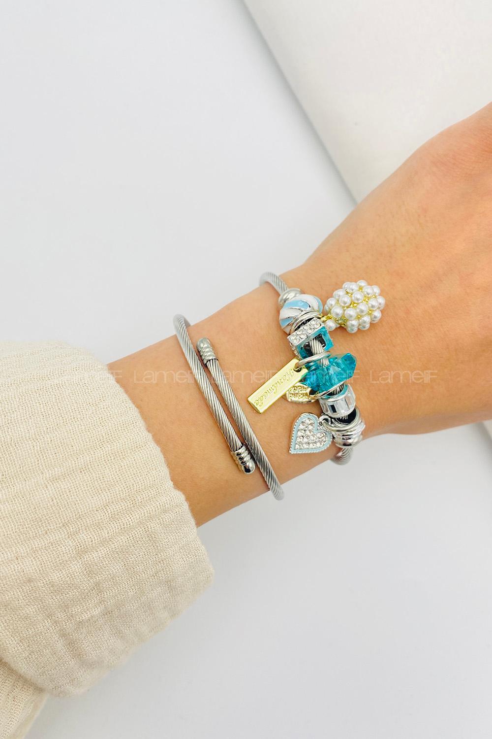 Lamelif Gümüş Mavi Taşlı Kalp Charmlı Pandora Bileklik