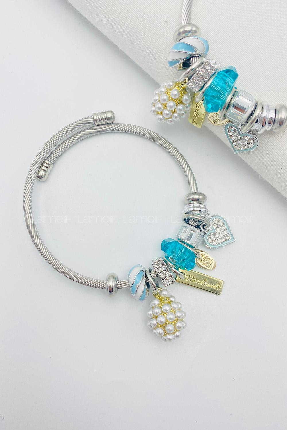 Lamelif Gümüş Mavi Taşlı Kalp Charmlı Pandora Bileklik