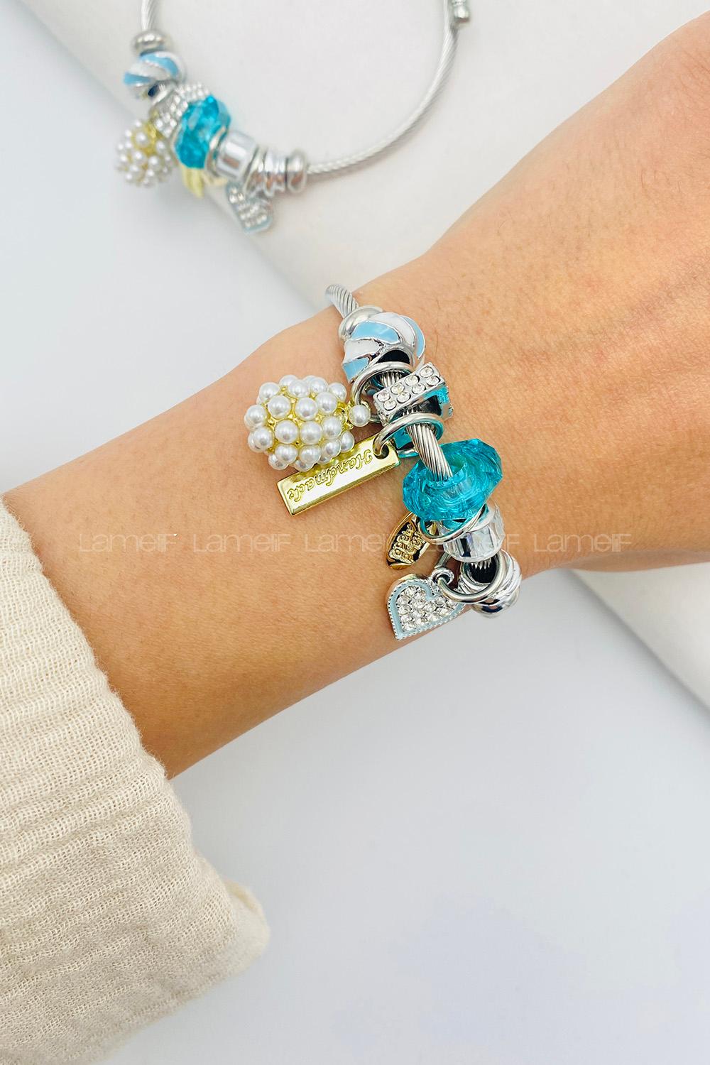 Lamelif Gümüş Mavi Taşlı Kalp Charmlı Pandora Bileklik