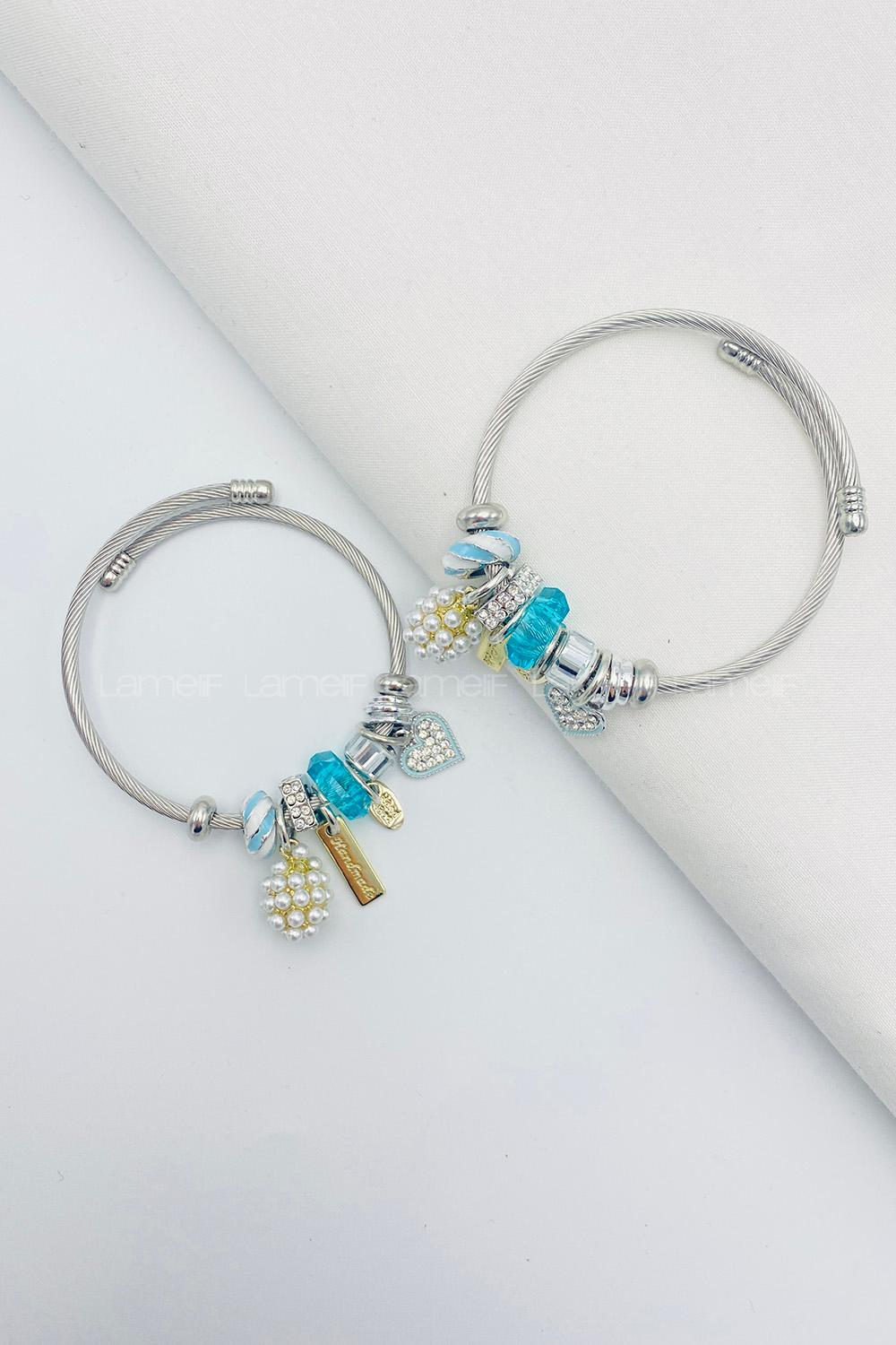 Lamelif Gümüş Mavi Taşlı Kalp Charmlı Pandora Bileklik