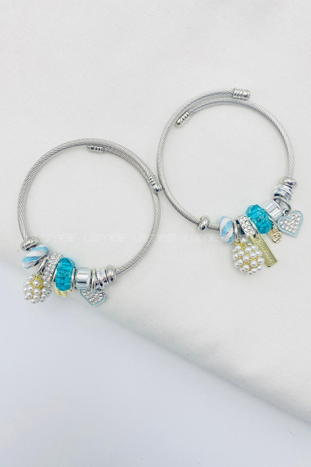 Lamelif Gümüş Mavi Taşlı Kalp Charmlı Pandora Bileklik