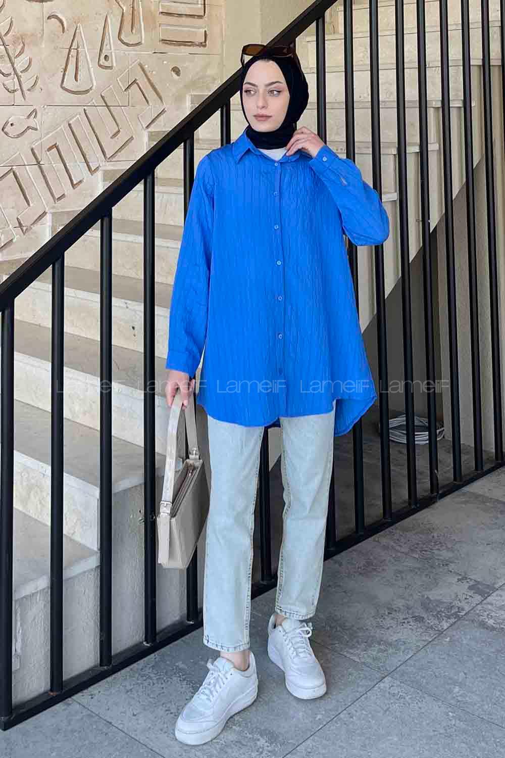 Blue Shirt Collar Long Arm Poplin Fabric Shirt