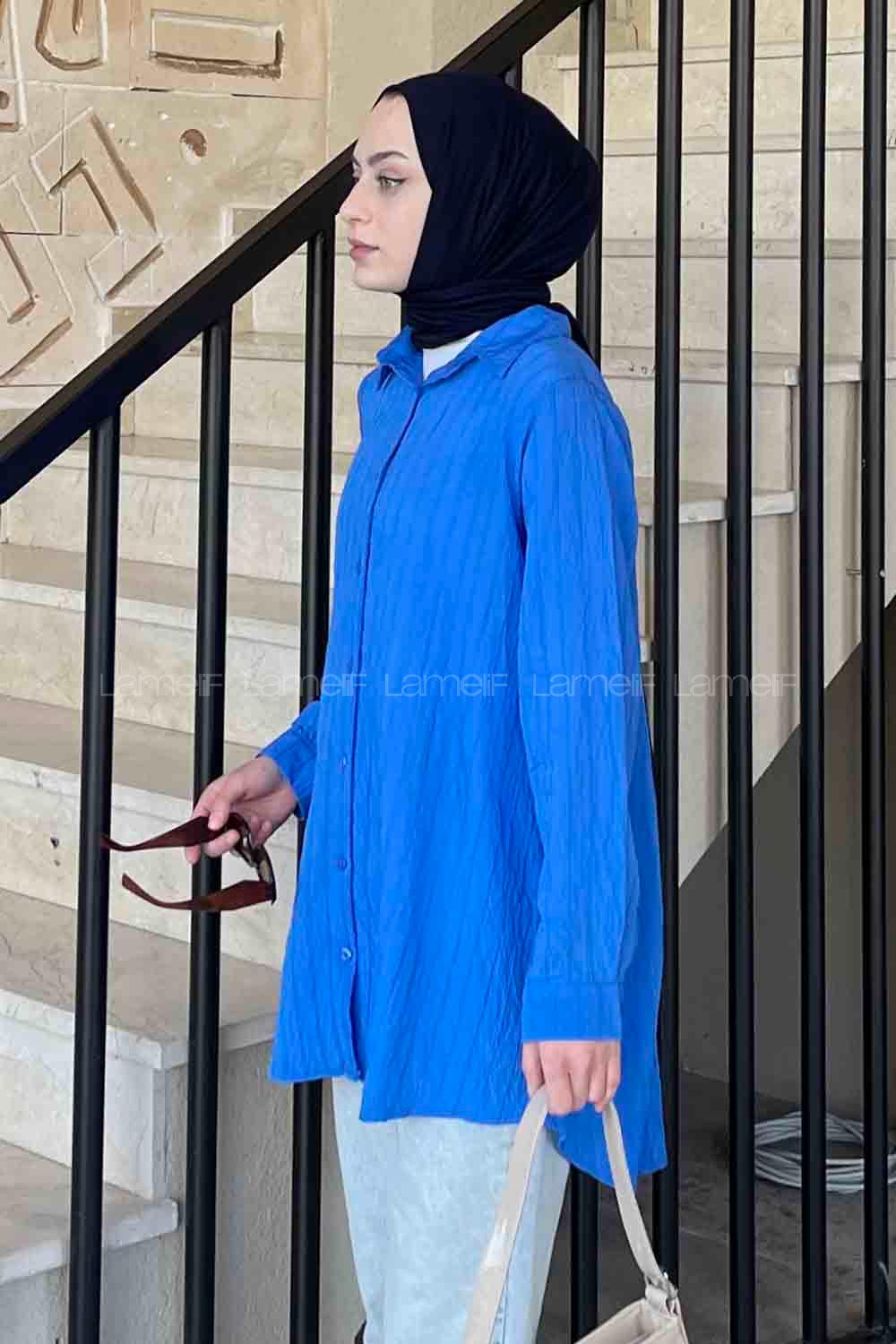 Blue Shirt Collar Long Arm Poplin Fabric Shirt