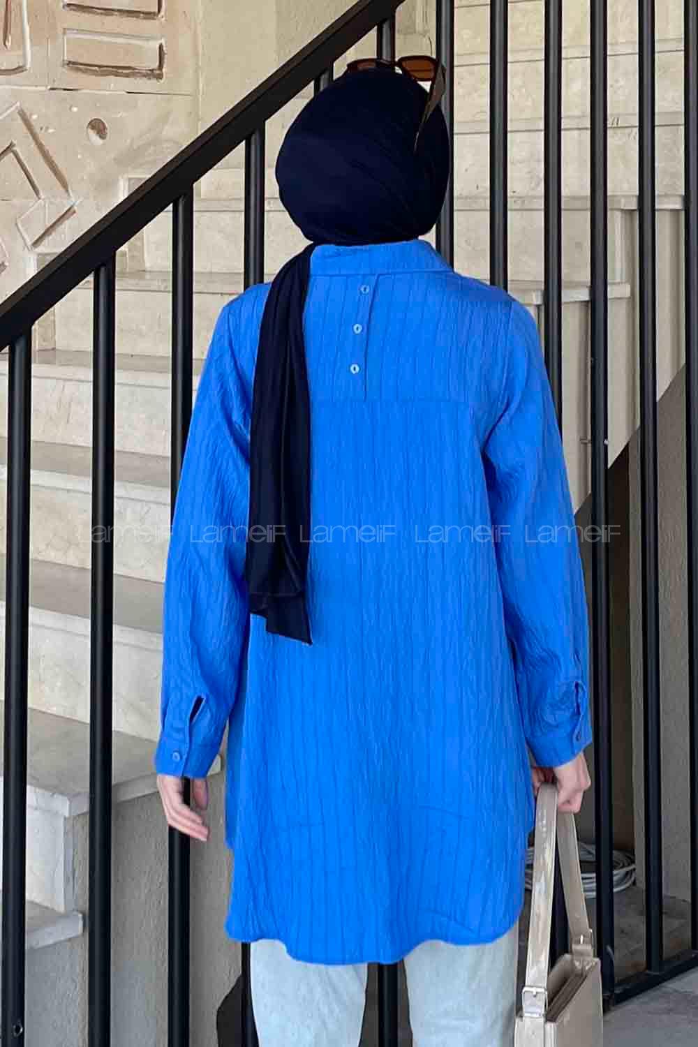 Blue Shirt Collar Long Arm Poplin Fabric Shirt