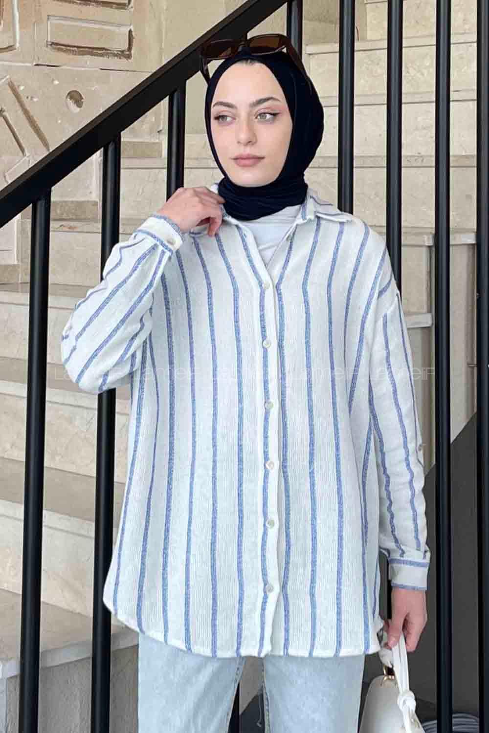 Lamelif Kalın Çizgi Detaylı Gömlek Mavi