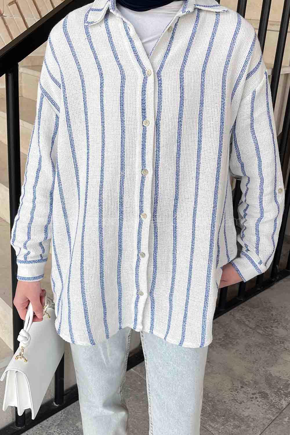 Lamelif Kalın Çizgi Detaylı Gömlek Mavi