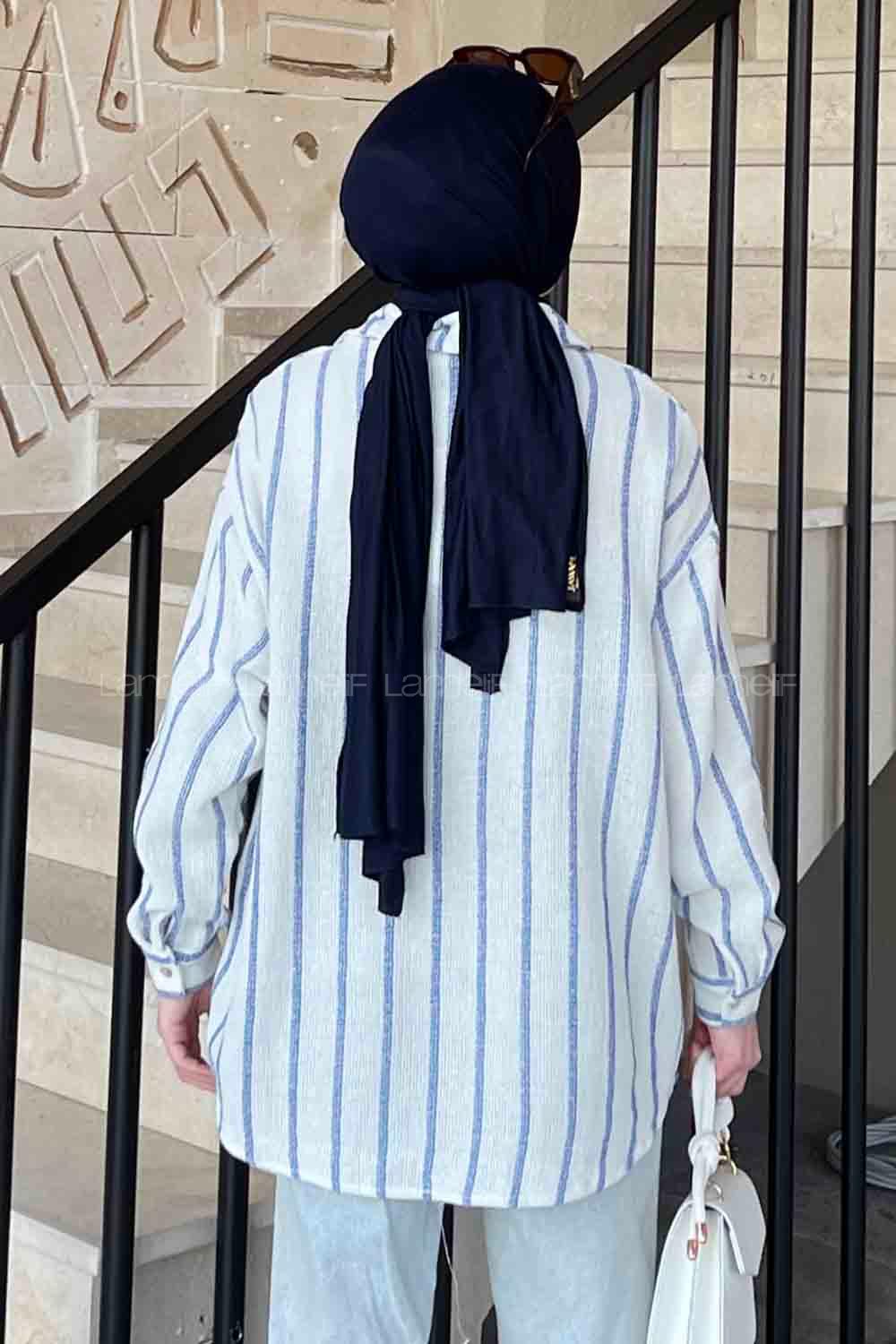 Lamelif Kalın Çizgi Detaylı Gömlek Mavi