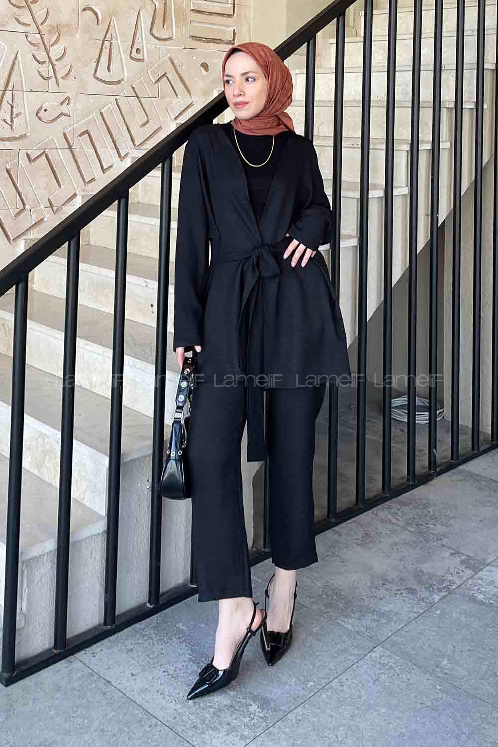 Black V Neck Long Arm Belted Poplin Fabric Lycra Regular Trousers Linen Suit