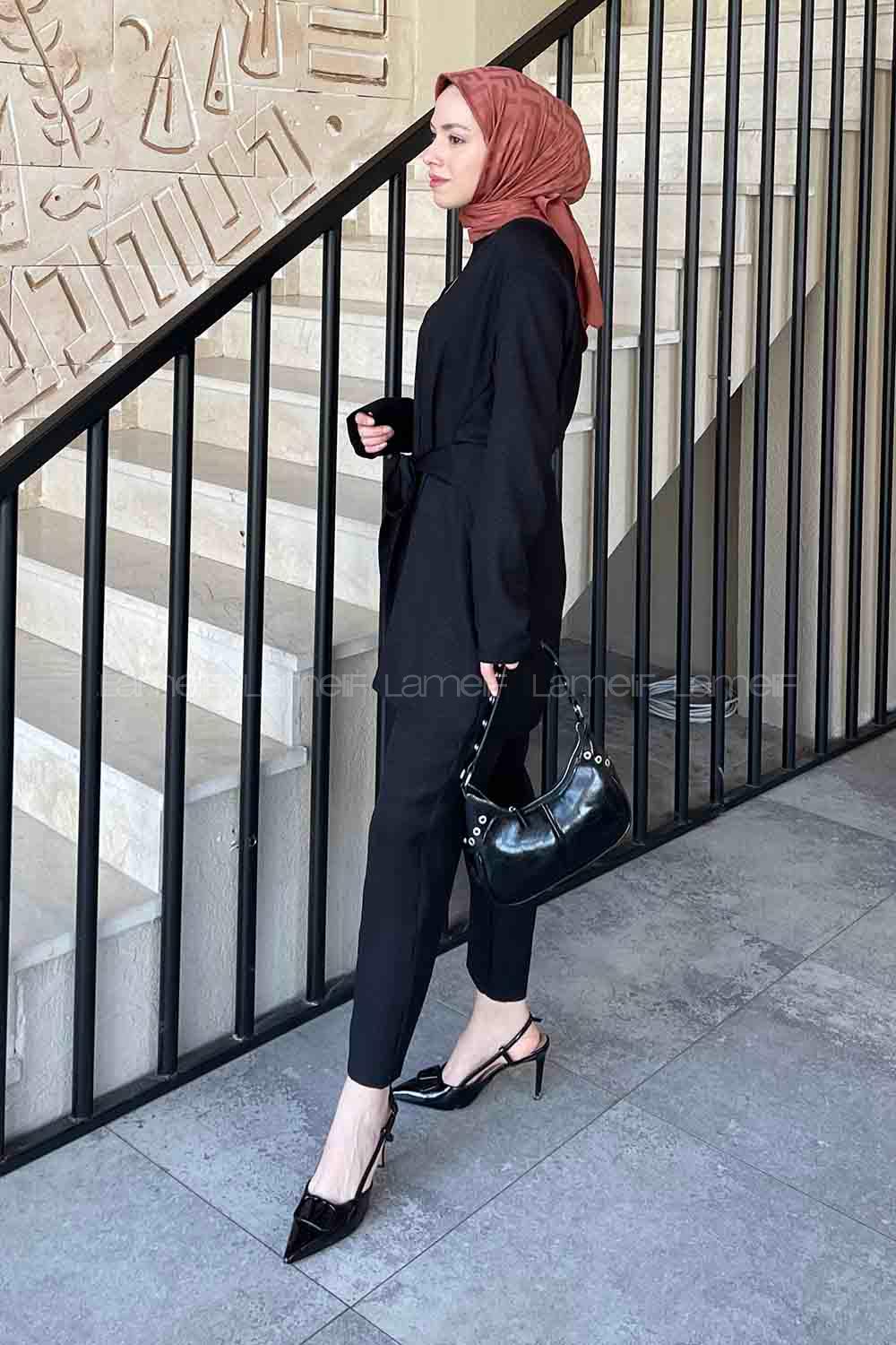 Black V Neck Long Arm Belted Poplin Fabric Lycra Regular Trousers Linen Suit