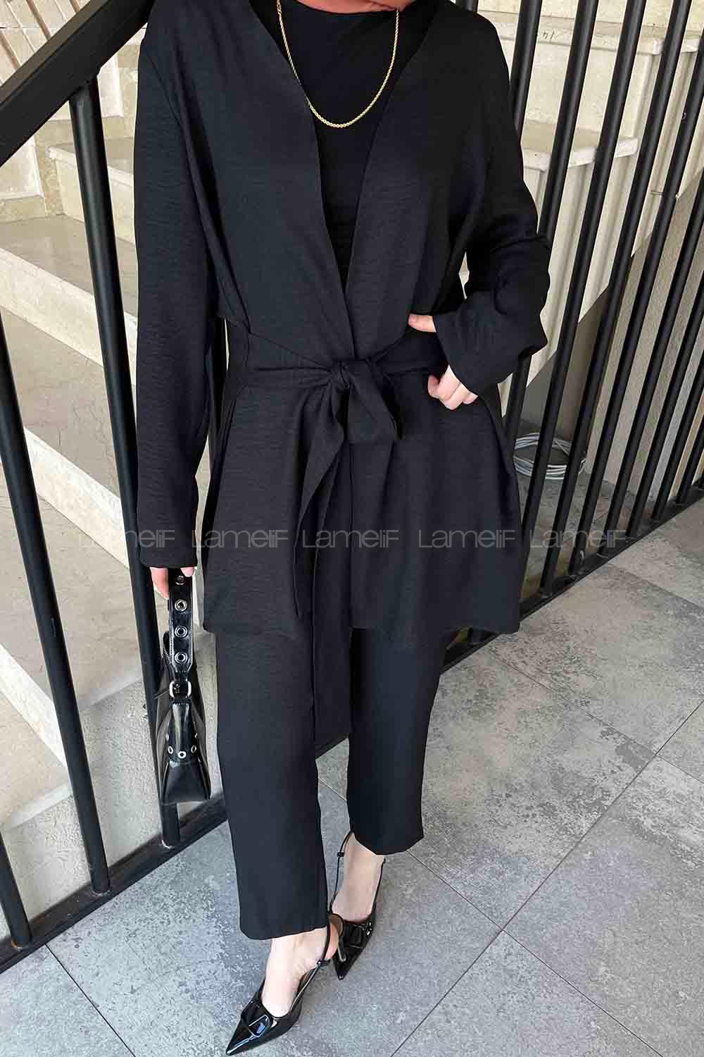 Black V Neck Long Arm Belted Poplin Fabric Lycra Regular Trousers Linen Suit