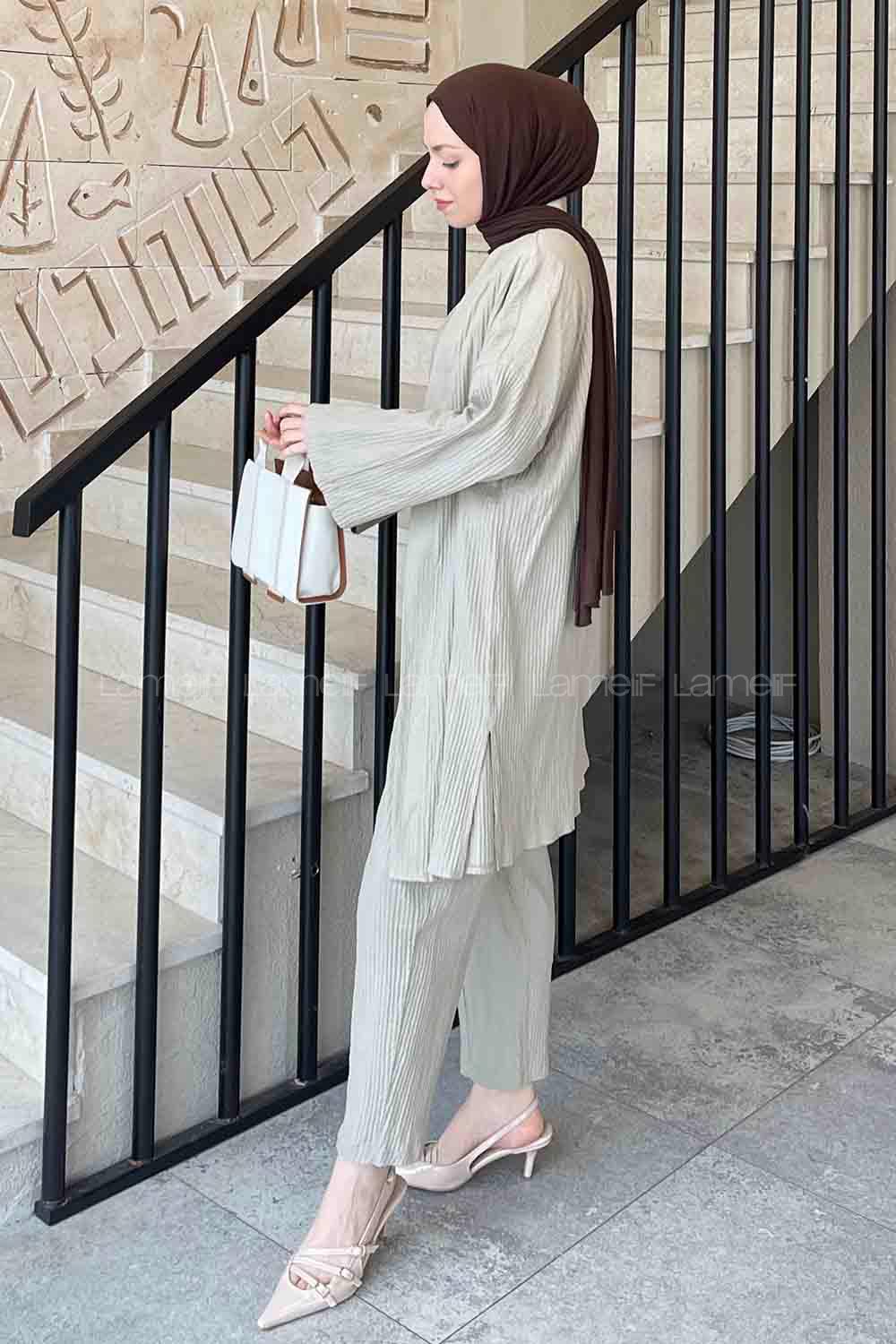 Sand Beige Scarf Neck Long Arm Without Accessories Linen Regular Trousers Comfortable Suit