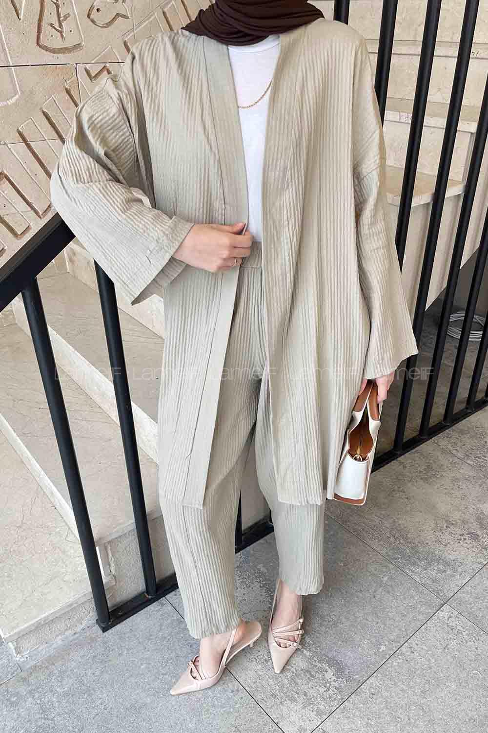 Sand Beige Scarf Neck Long Arm Without Accessories Linen Regular Trousers Comfortable Suit