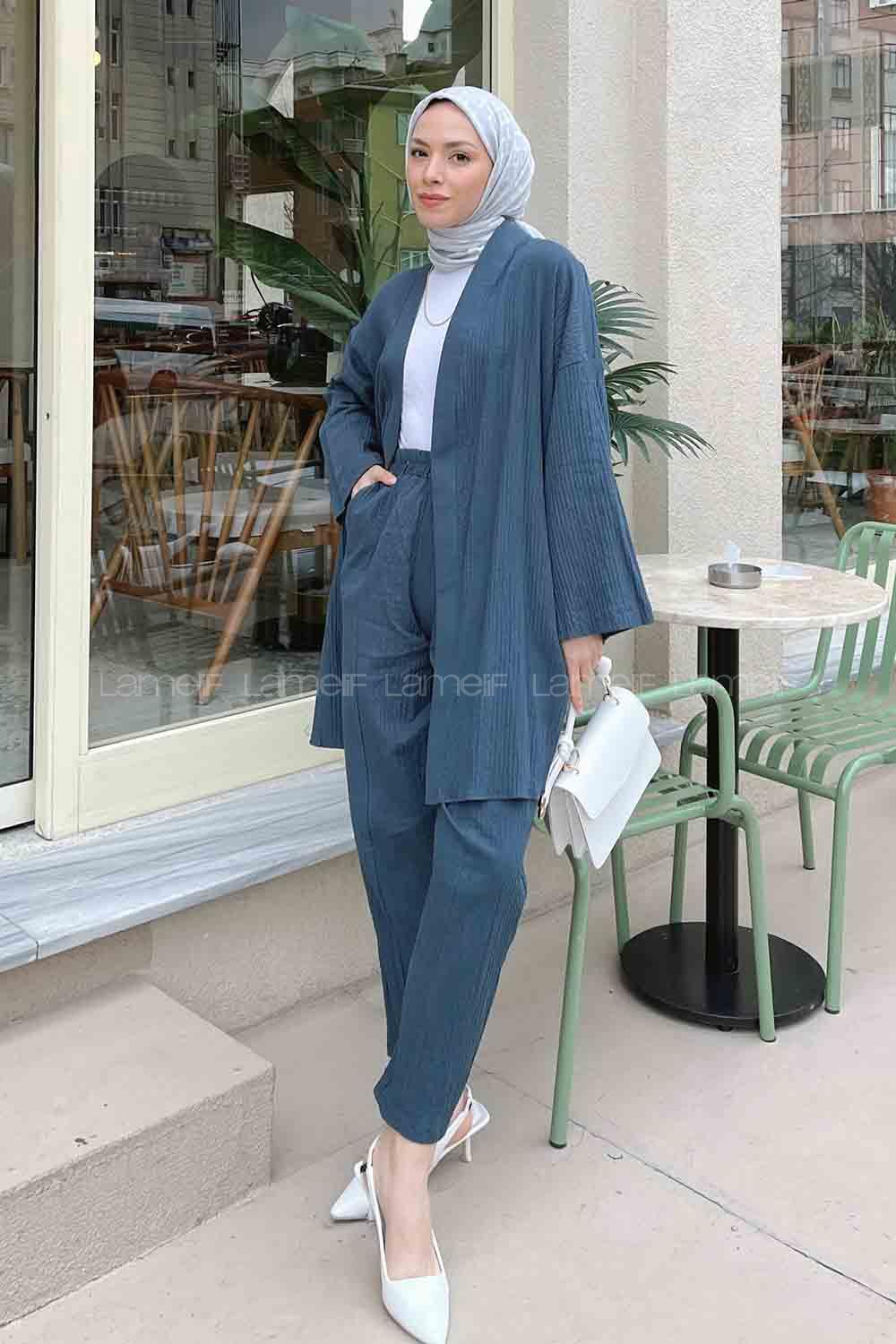 Petrol Blue Scarf Neck Long Arm Without Accessories Linen Regular Trousers Comfortable Suit
