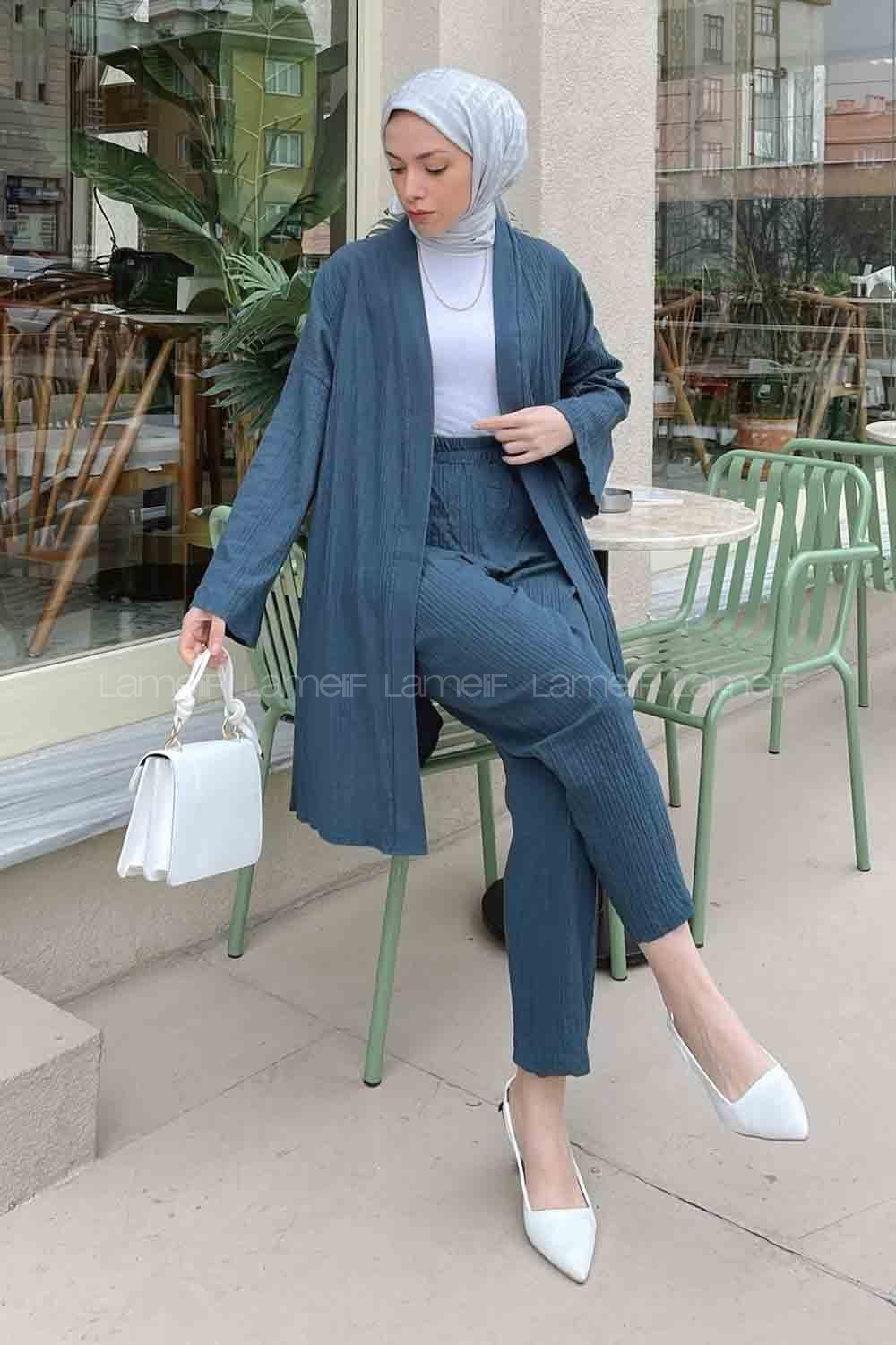 Petrol Blue Scarf Neck Long Arm Without Accessories Linen Regular Trousers Comfortable Suit