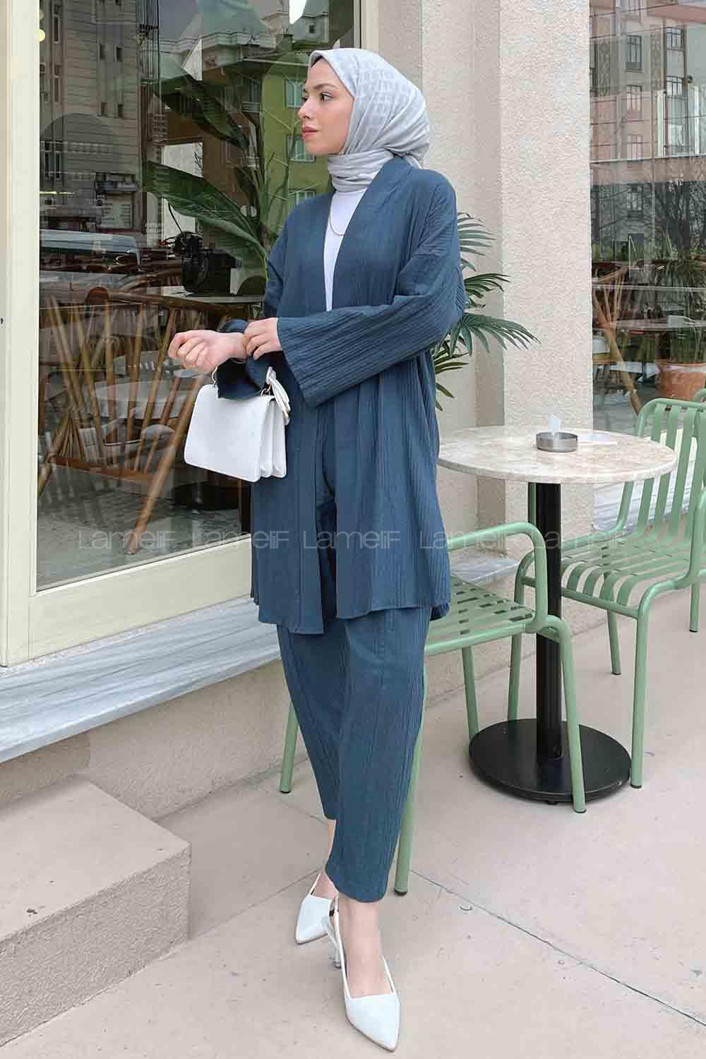 Petrol Blue Scarf Neck Long Arm Without Accessories Linen Regular Trousers Comfortable Suit
