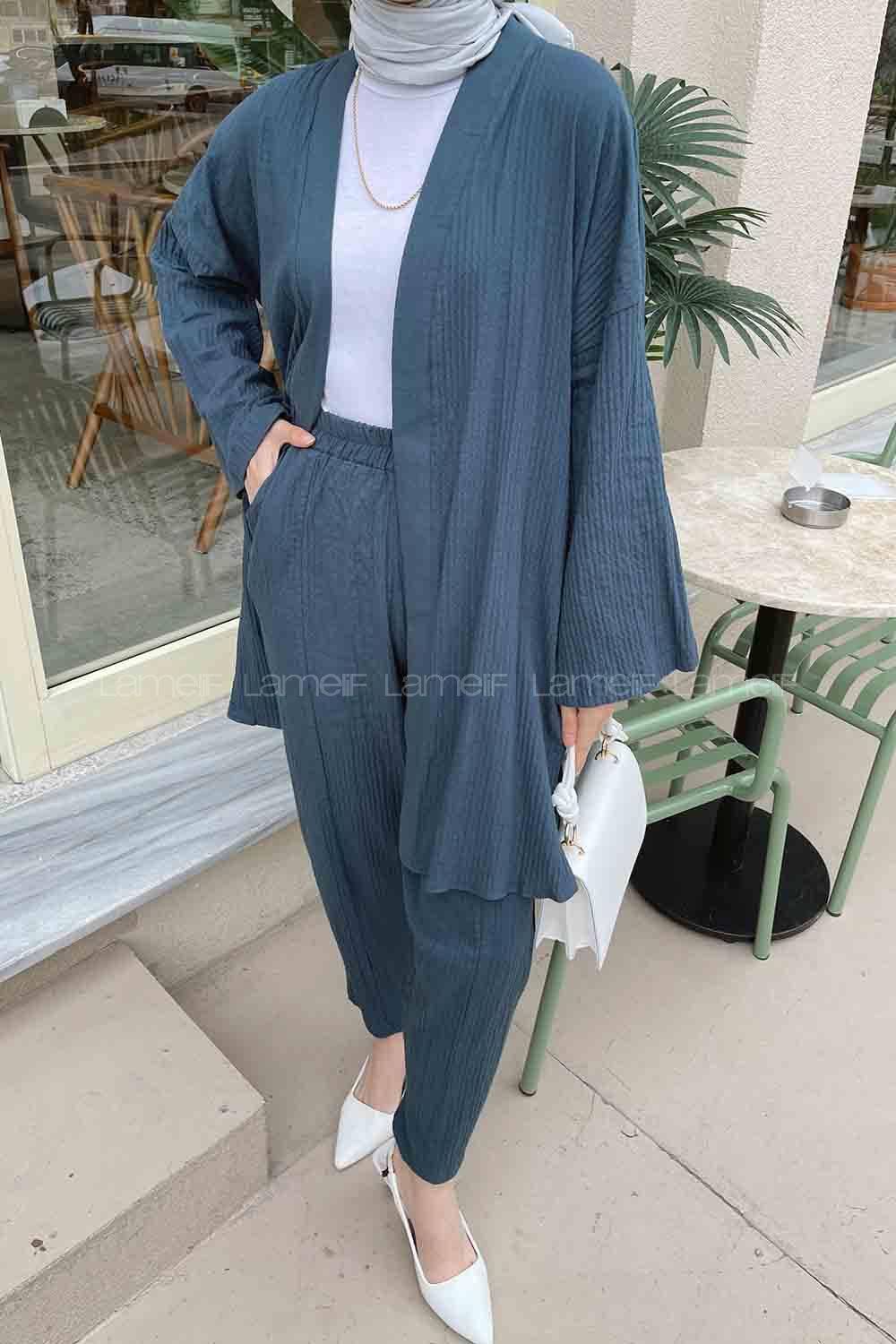 Petrol Blue Scarf Neck Long Arm Without Accessories Linen Regular Trousers Comfortable Suit