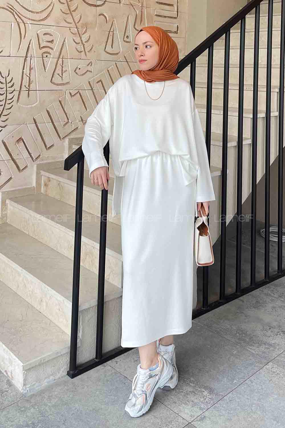 Lamelif Kristal Etekli Tesettür Takım Beyaz