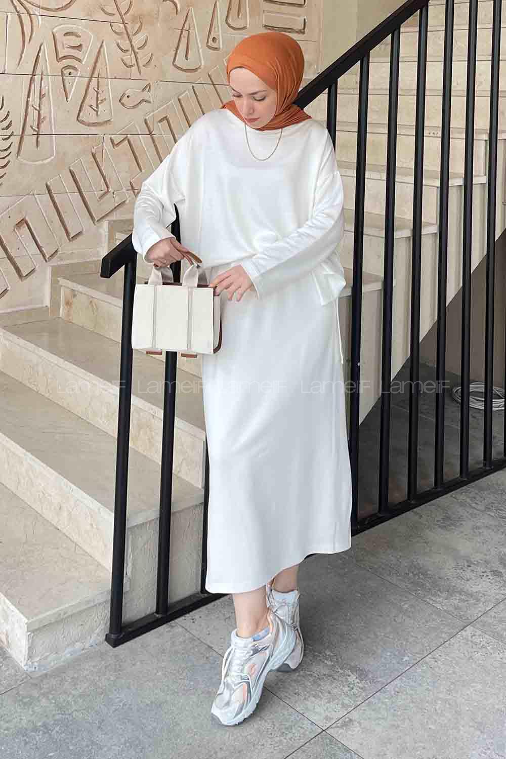 Lamelif Kristal Etekli Tesettür Takım Beyaz