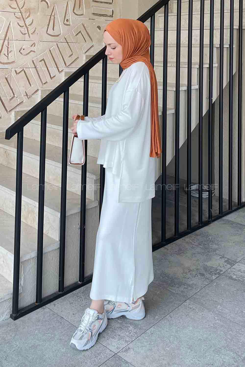 Lamelif Kristal Etekli Tesettür Takım Beyaz