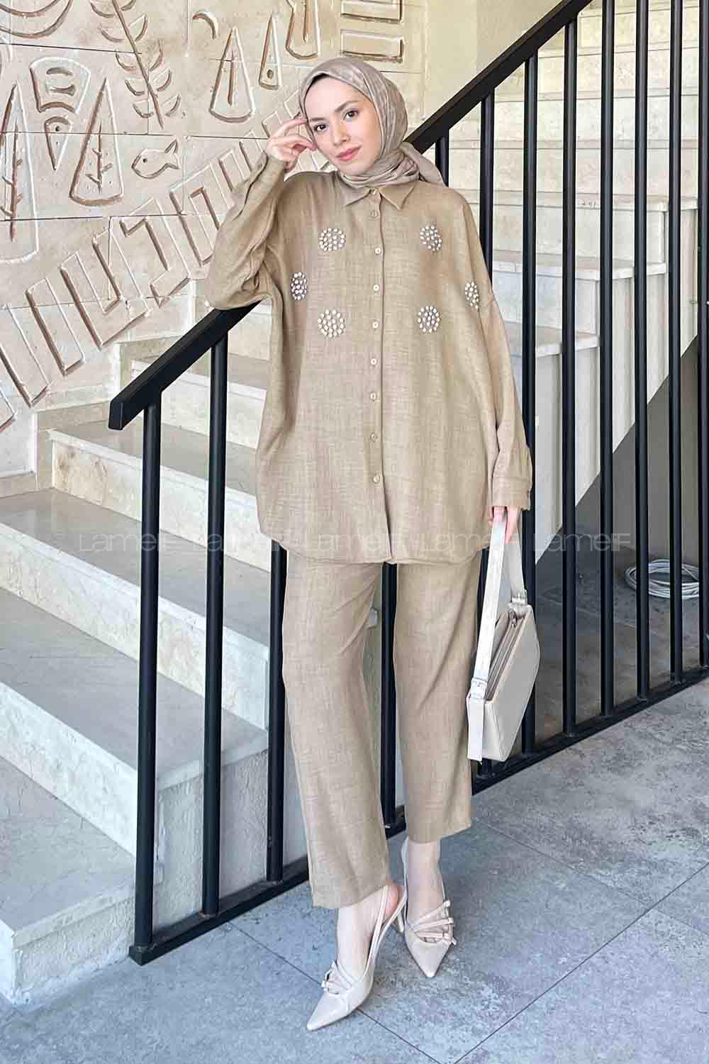 Lamelif Önü Taşlı Keten Takım Camel