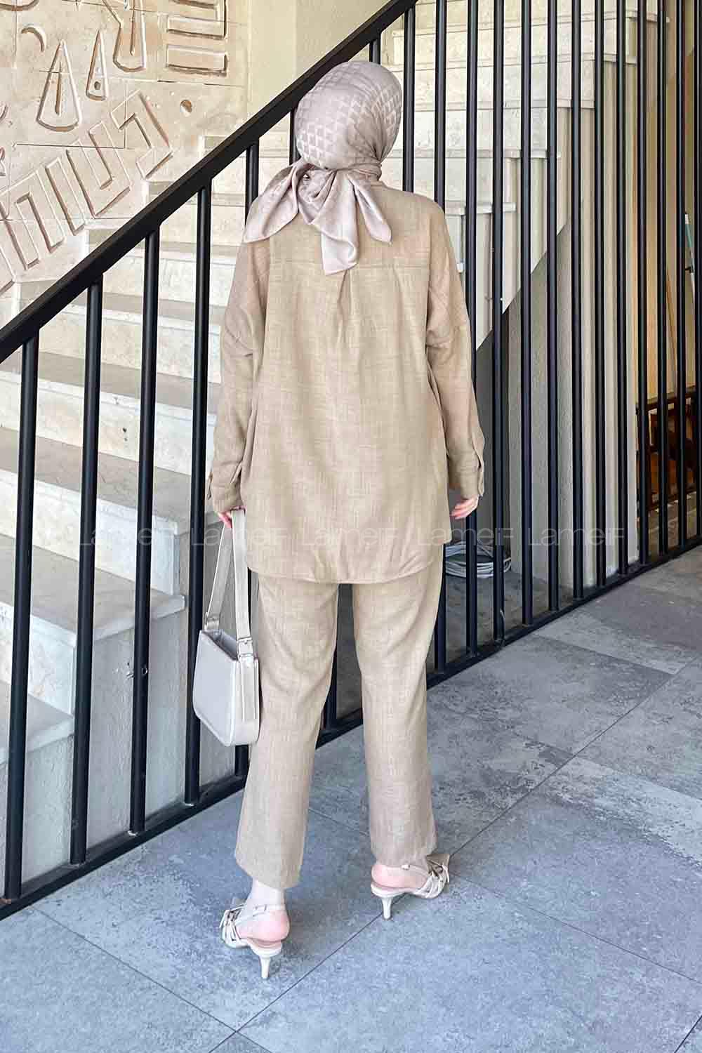 Lamelif Önü Taşlı Keten Takım Camel