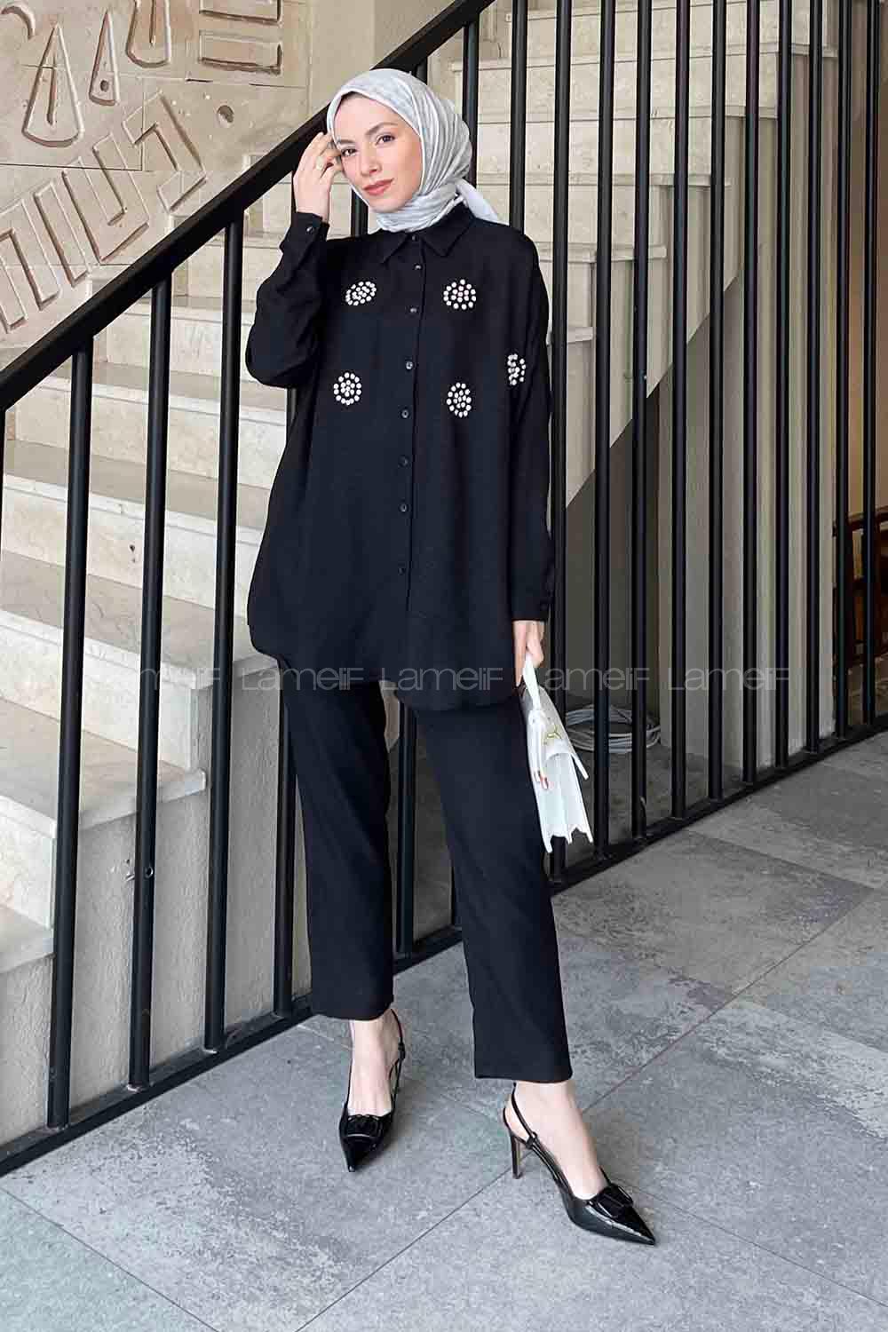Lamelif Önü Taşlı Keten Takım Siyah