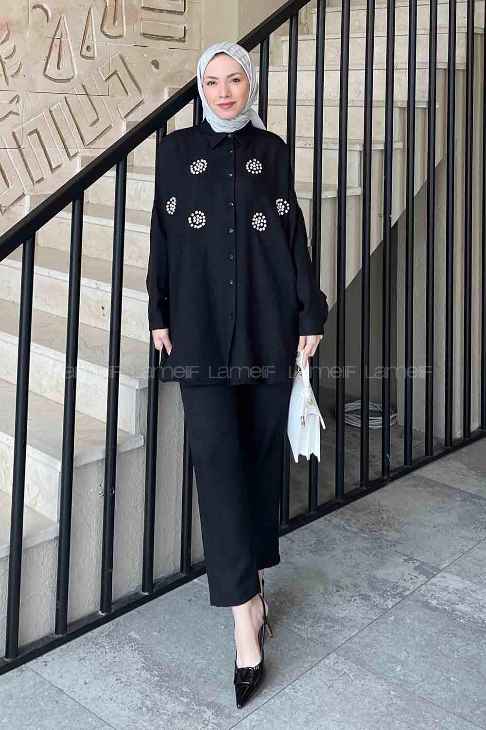 Lamelif Önü Taşlı Keten Takım Siyah