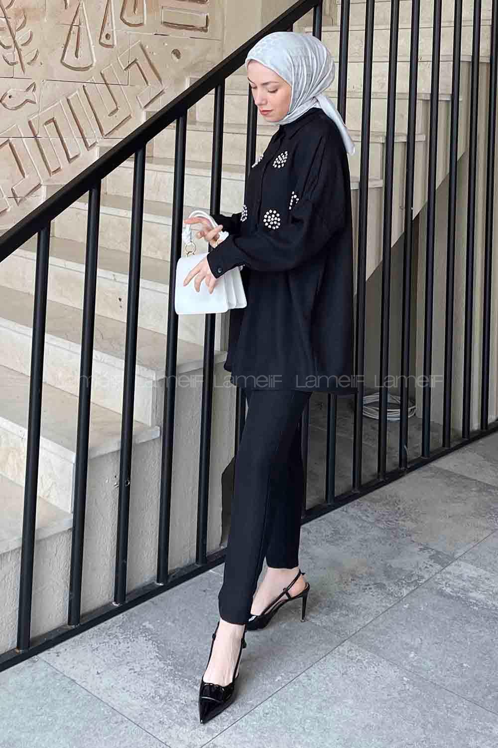 Lamelif Önü Taşlı Keten Takım Siyah