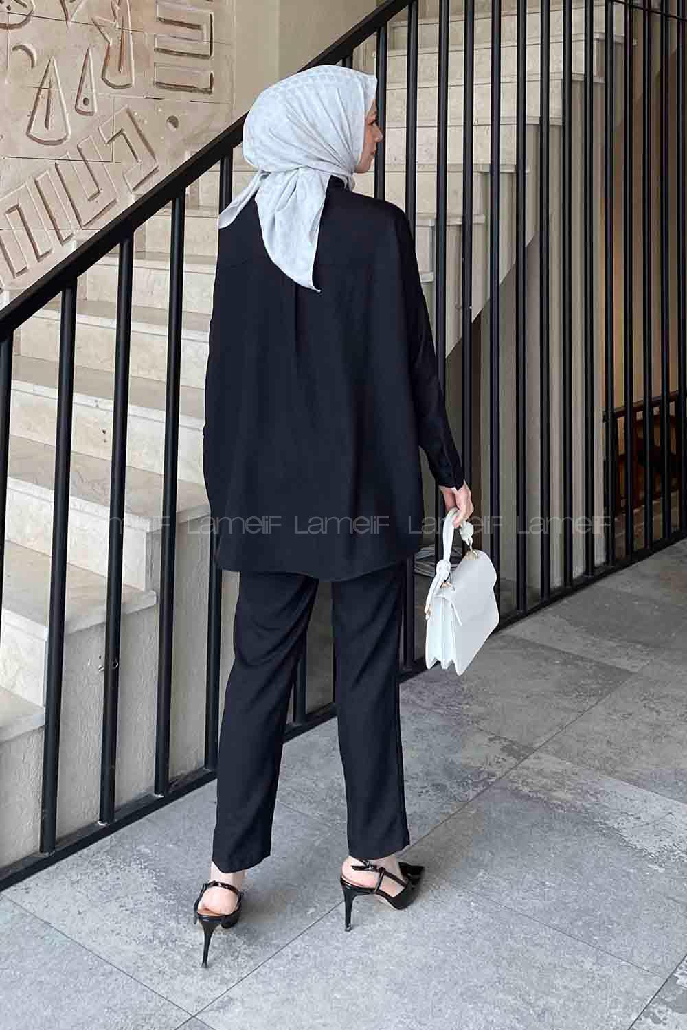 Lamelif Önü Taşlı Keten Takım Siyah