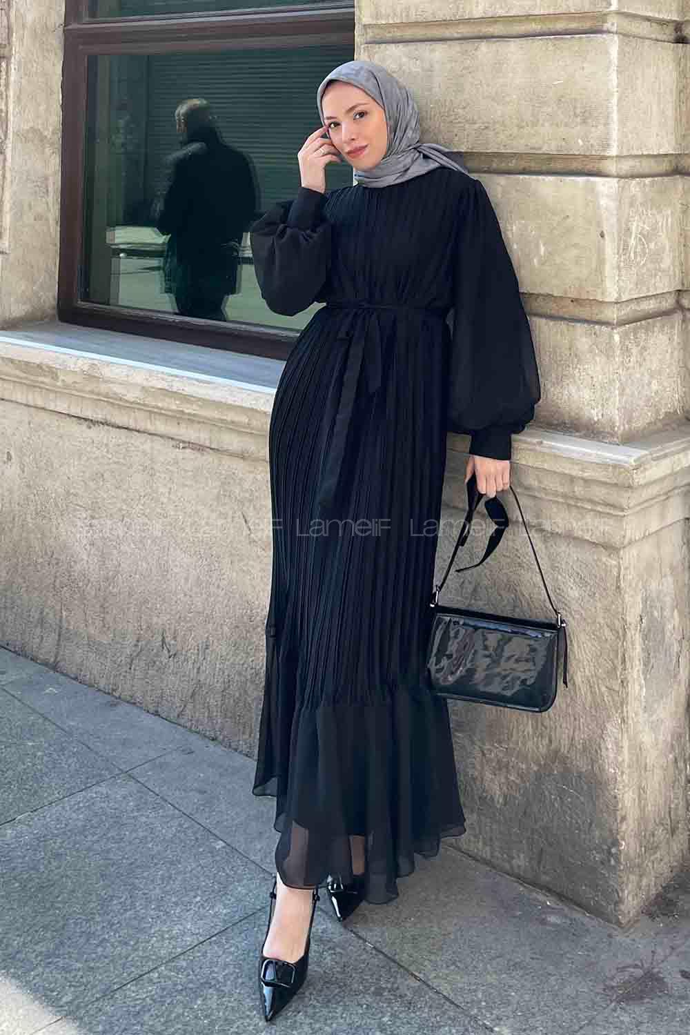 Black Mandarin Collar Cotton Unprinted Dresess