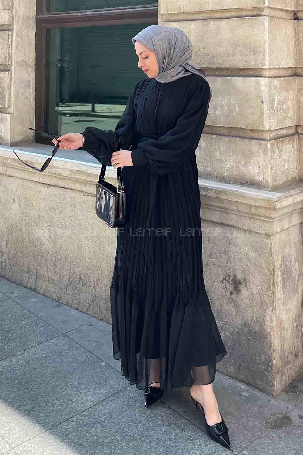 Black Mandarin Collar Cotton Unprinted Dresess