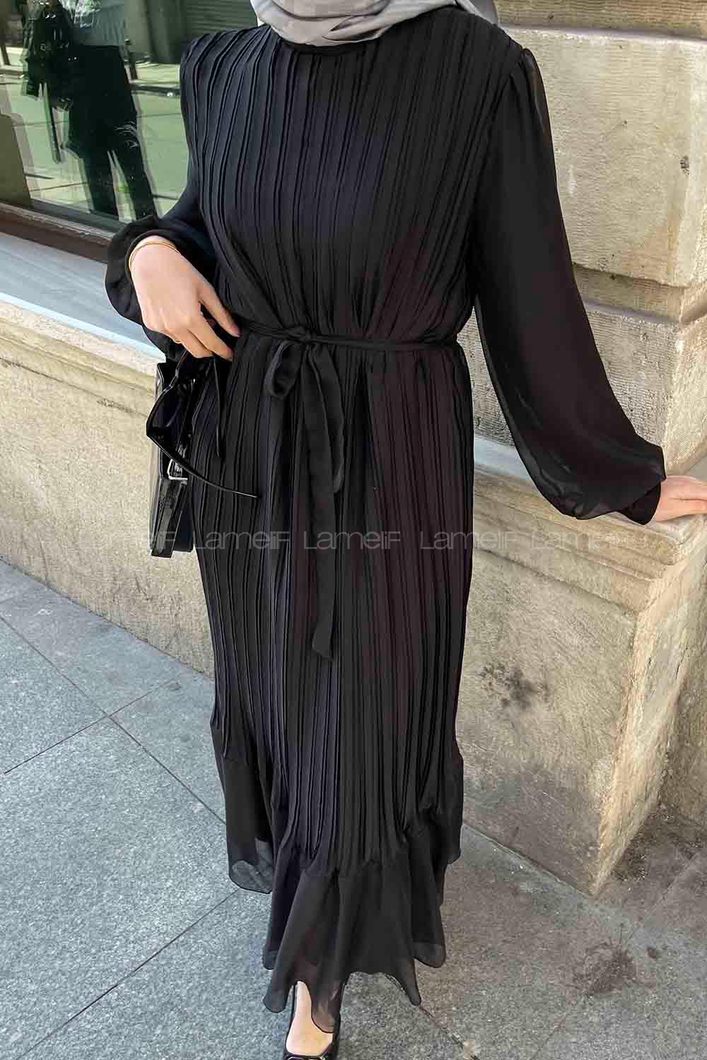 Black Mandarin Collar Cotton Unprinted Dresess