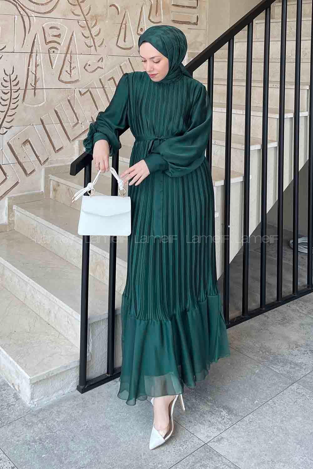 Lamelif Sofia Premium Pliseli Elbise Zümrüt