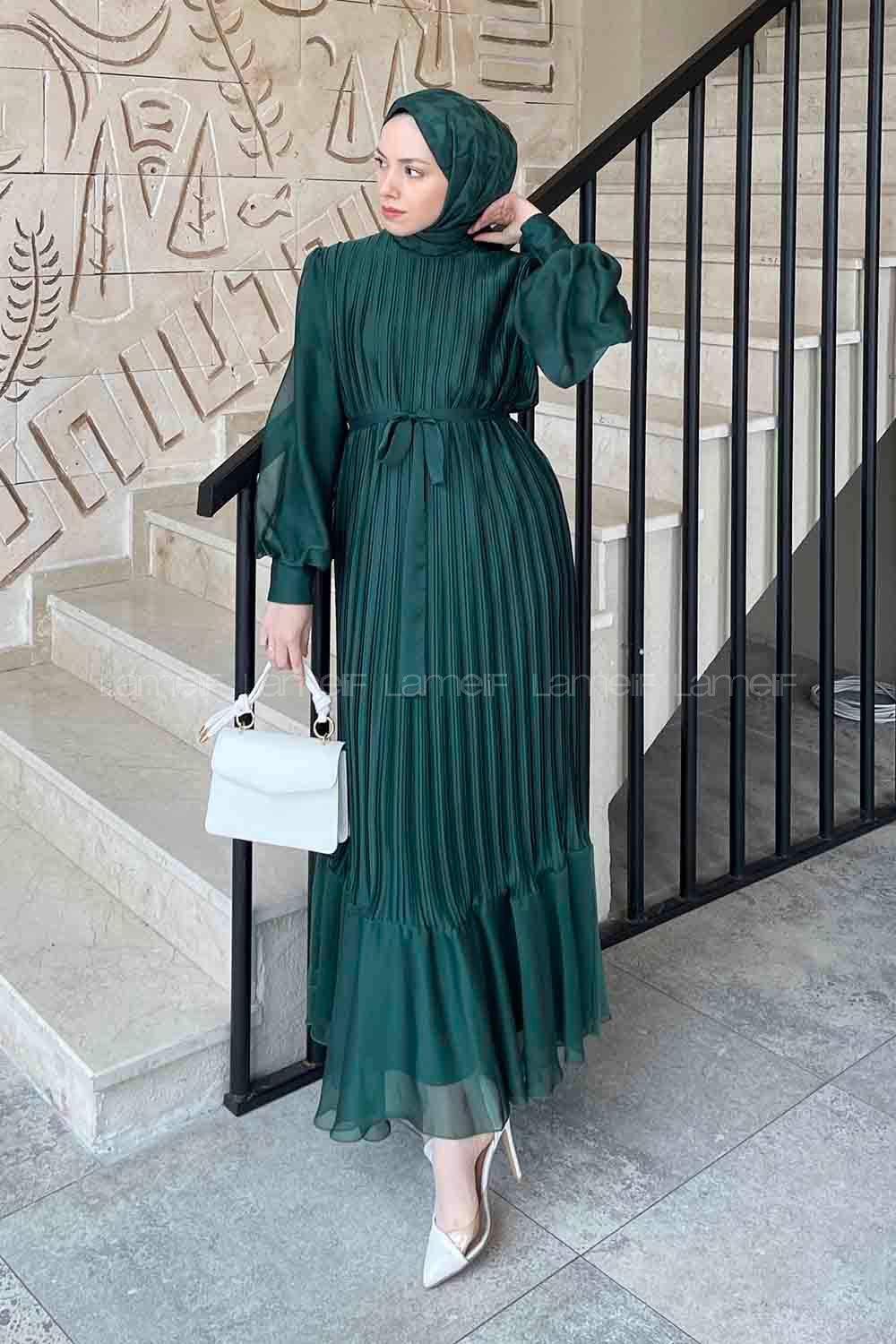 Lamelif Sofia Premium Pliseli Elbise Zümrüt