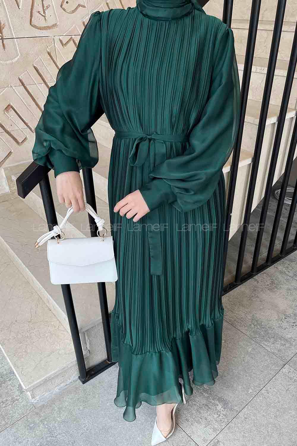 Lamelif Sofia Premium Pliseli Elbise Zümrüt