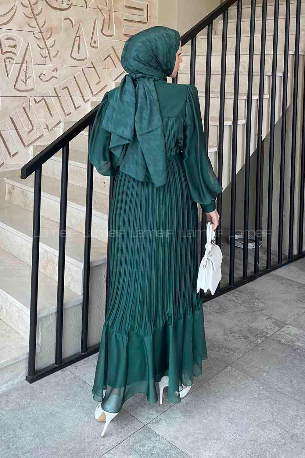 Lamelif Sofia Premium Pliseli Elbise Zümrüt