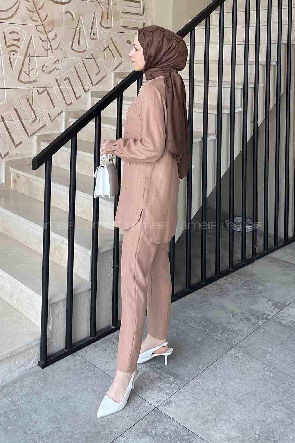 Lamelif Viola Taşlı  İkili Takım Sütlü Kahve