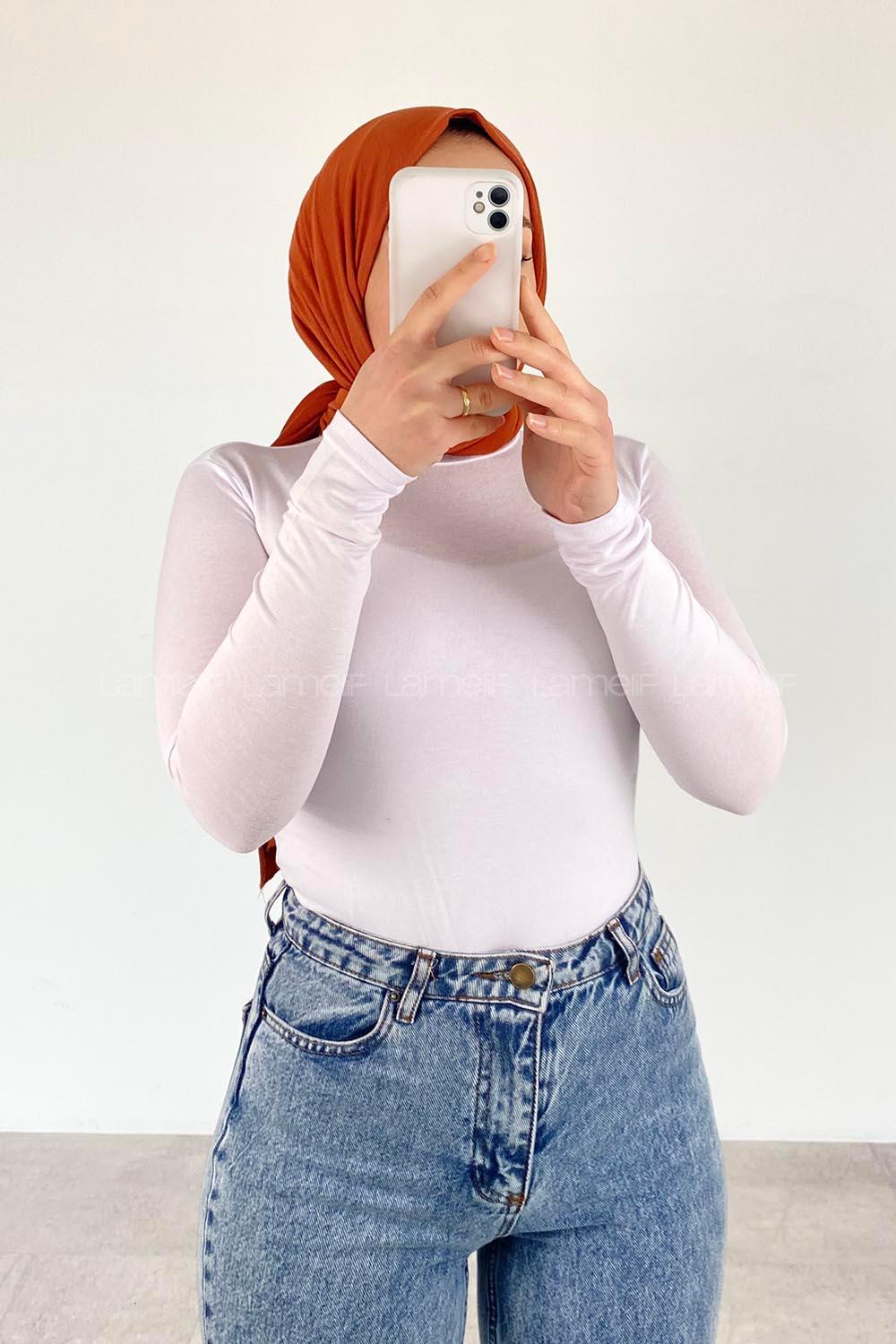 Lamelif Yarım Balıkçı Yaka Penye Body Beyaz