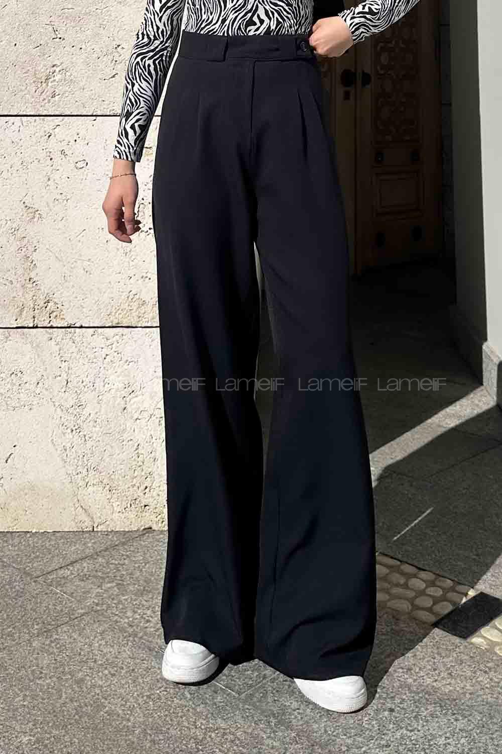 Lamelif Bel Yan Düğme Detaylı Bol Paça Pantolon Siyah