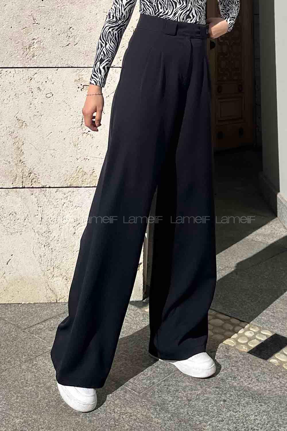 Lamelif Bel Yan Düğme Detaylı Bol Paça Pantolon Siyah