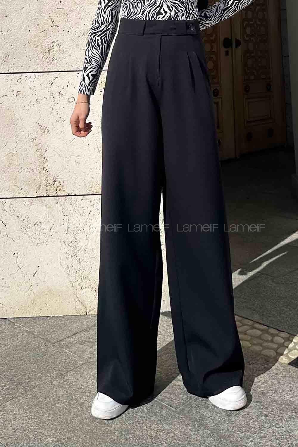 Lamelif Bel Yan Düğme Detaylı Bol Paça Pantolon Siyah