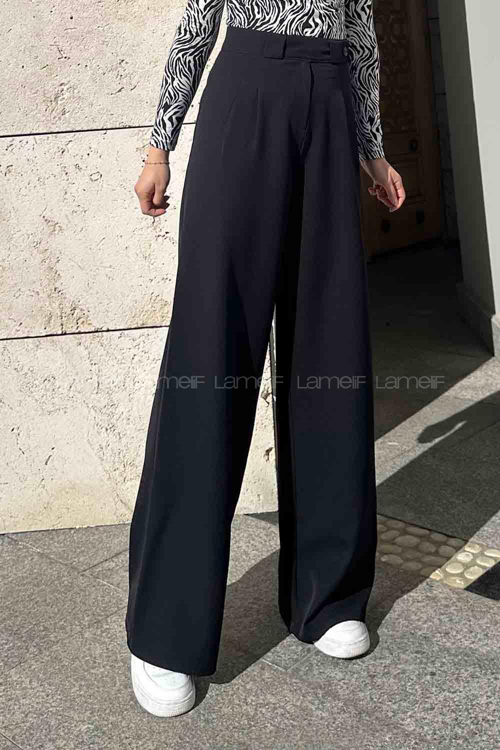 Lamelif Bel Yan Düğme Detaylı Bol Paça Pantolon Siyah