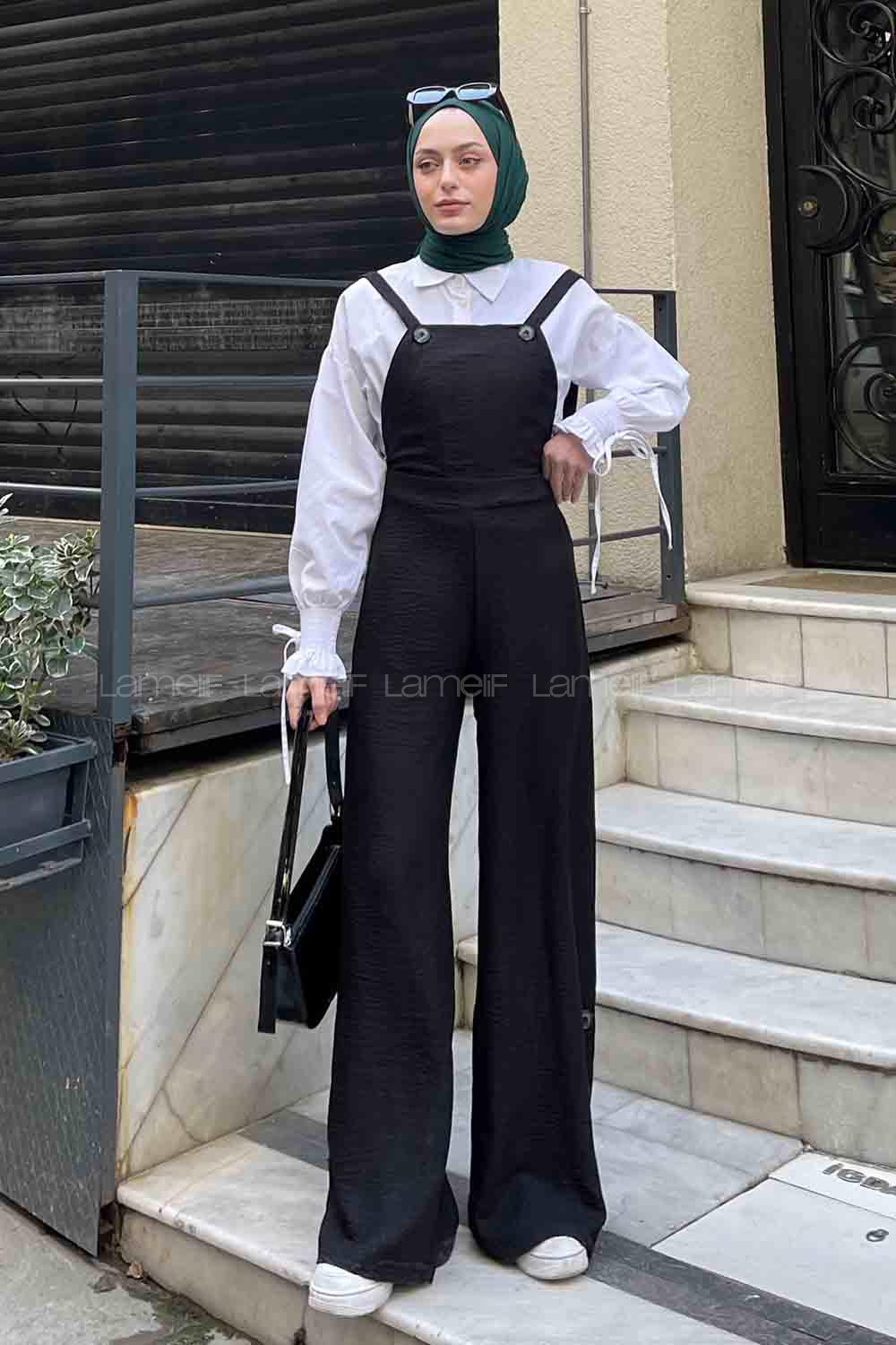 Lamelif  Paça Düğme Detaylı Keten Salopet Siyah